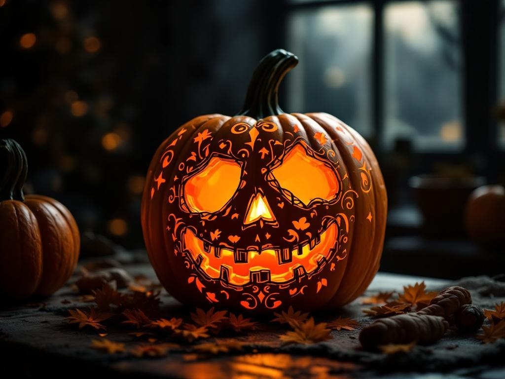 A beautifully carved vintage-inspired pumpkin with intricate patterns and warm glowing light.