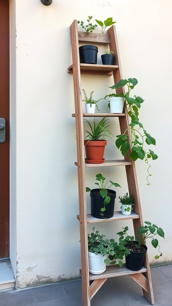A wooden ladder planter with various potted plants arranged on its steps.