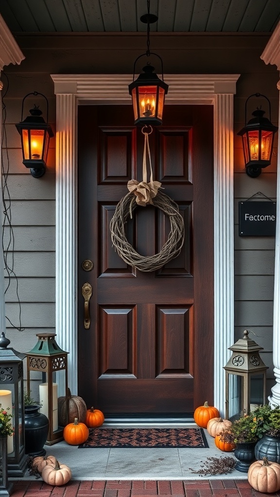 A Halloween porch featuring vintage lanterns and a grapevine wreath on the door, with pumpkins and decorative elements.