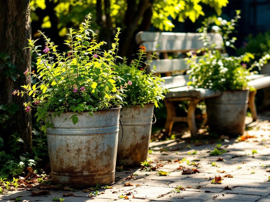 Vintage metal buckets filled with plants beside a wooden bench in a garden