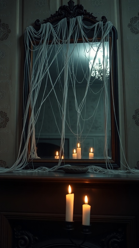 A vintage mirror draped with faux cobwebs, reflecting candlelight on a mantle.
