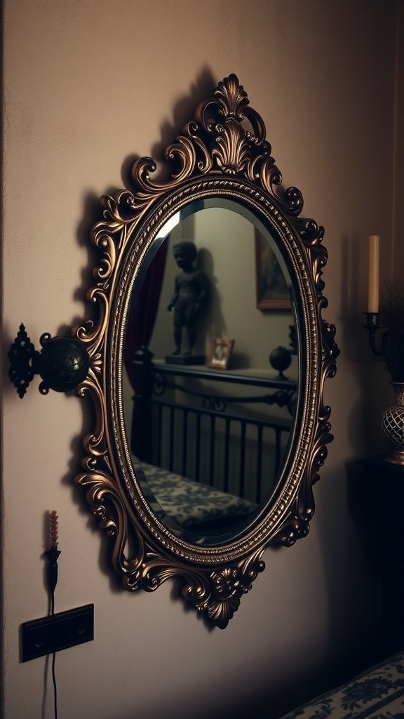 A vintage ornate mirror reflecting a cozy Gothic Boho bedroom setting.