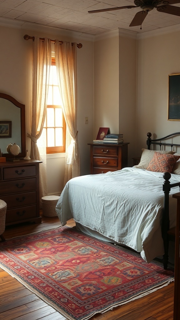 A cozy rustic bedroom featuring a vintage rug on a wooden floor, with warm lighting and wooden furniture.