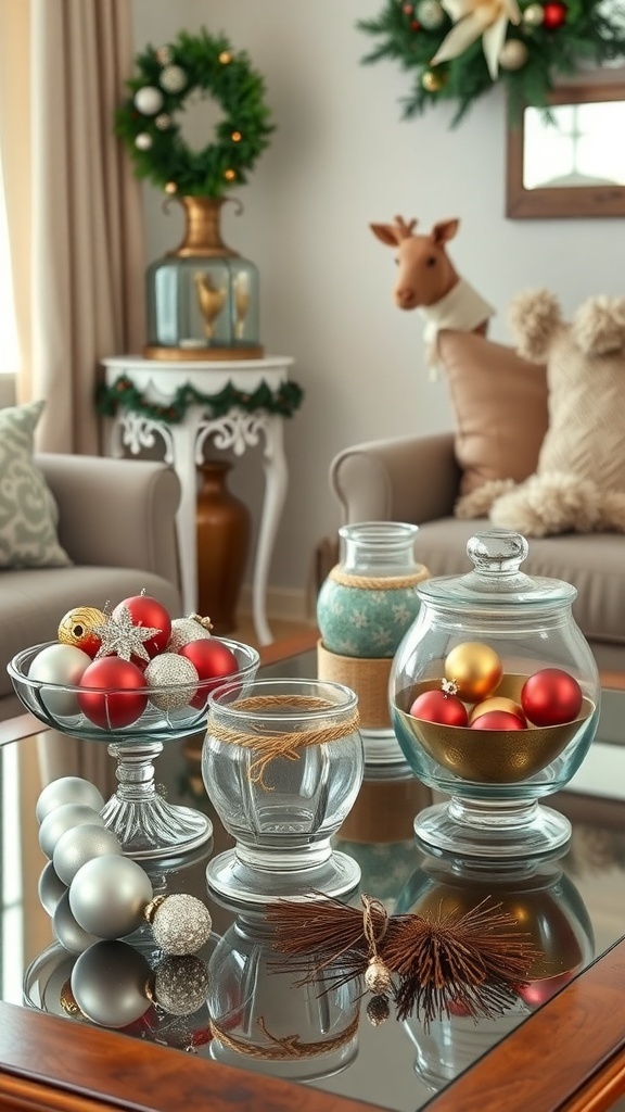 A vintage ornament display featuring colorful ornaments in glass containers on a coffee table.