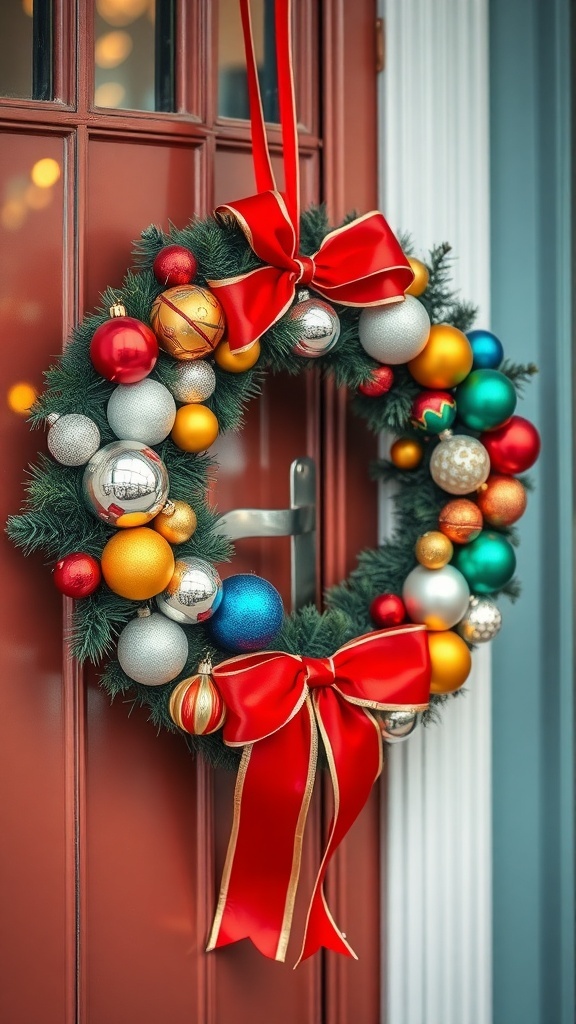 A vintage ornament wreath with colorful baubles and a large red bow hanging on a red door.