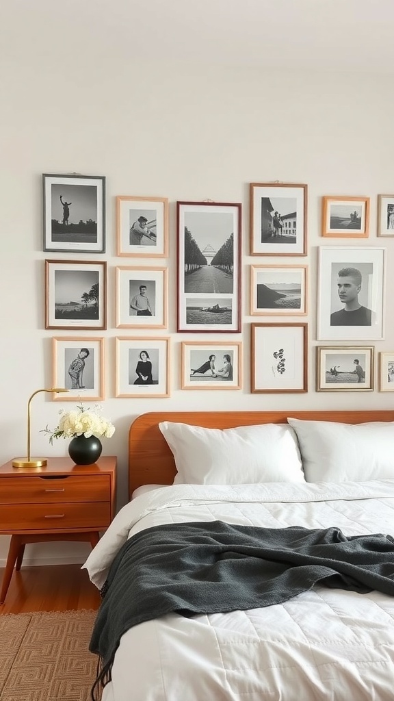 A vintage photo gallery wall featuring black-and-white photographs in various frames above a bed.
