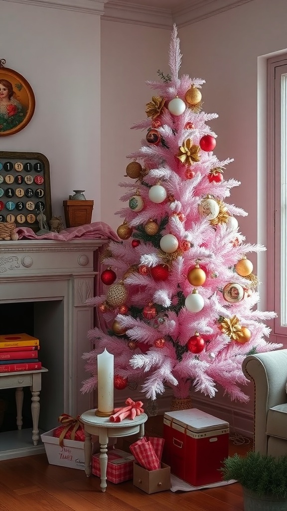 A vintage pink Christmas tree decorated with colorful ornaments in a cozy room.