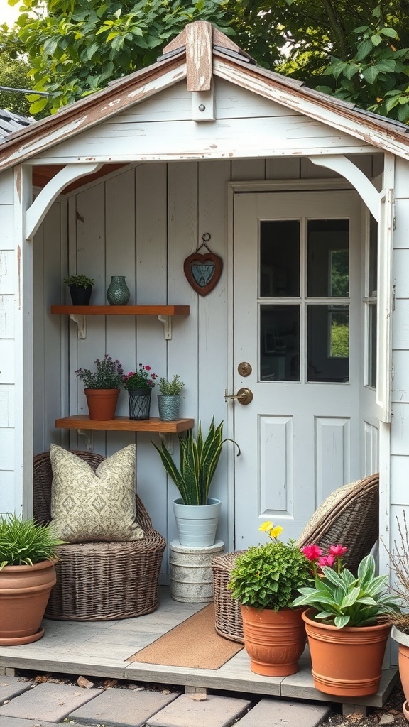A vintage potting shed with wicker chairs and potted plants, creating a cozy sitting corner.