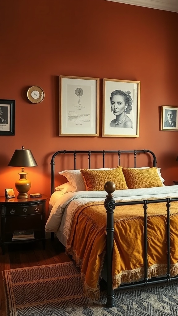 A vintage-style bedroom with terracotta walls, a black metal bed, warm brass accents, and cozy bedding.