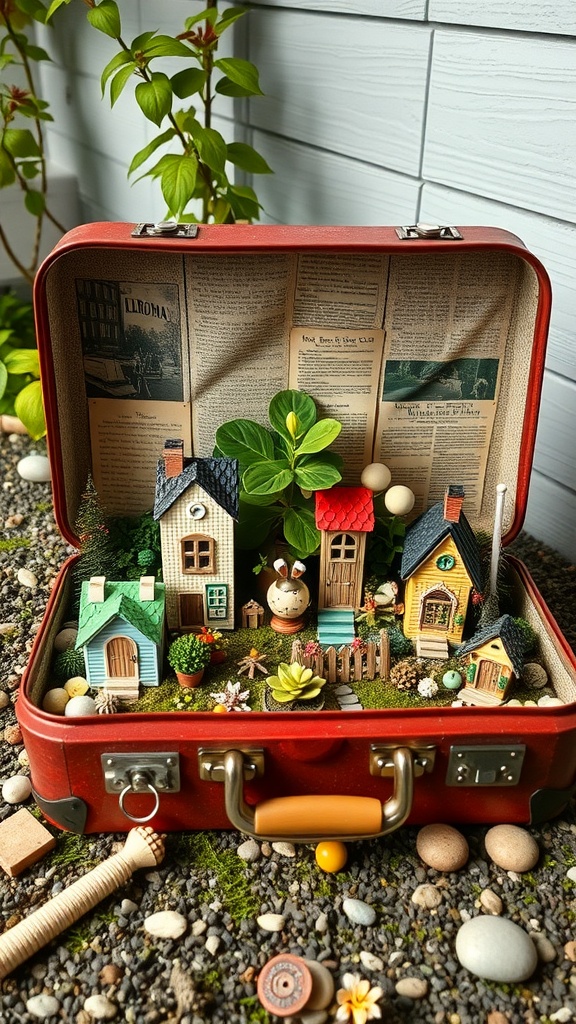 A vintage suitcase transformed into a fairy garden with miniature houses, plants, and decorative stones.