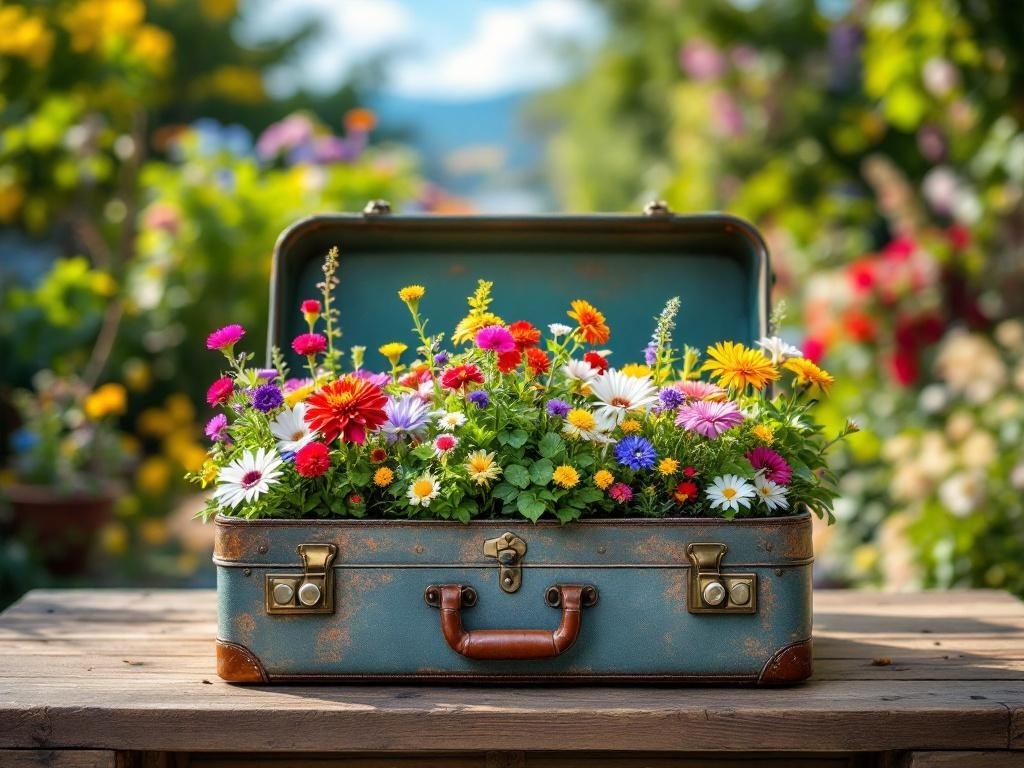 A vintage suitcase filled with colorful flowers, placed on a wooden table in a garden setting.