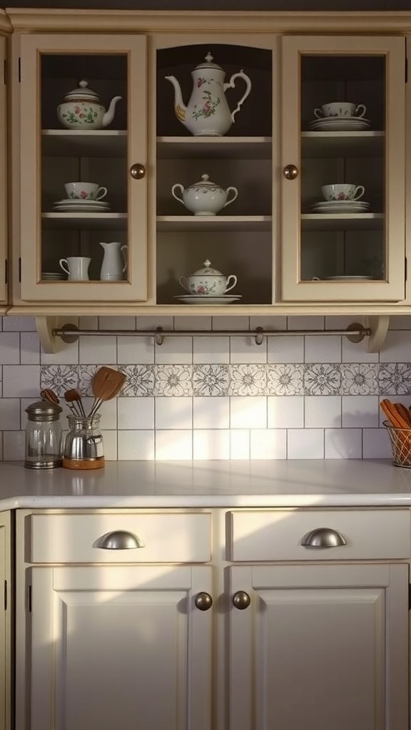 A vintage tea set displayed in a kitchen cabinet, featuring floral designs on teapots and teacups.