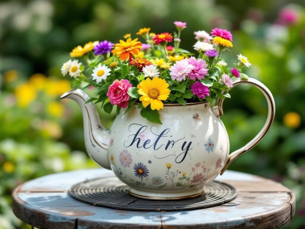 A vintage teakettle planter filled with colorful flowers, set on a wooden table in a garden.