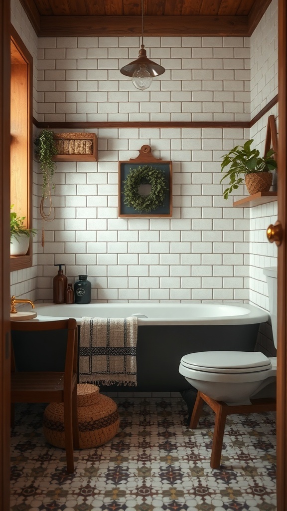 Cozy bathroom with vintage textures, featuring white subway tiles, wooden ceiling, plants, and woven accents.