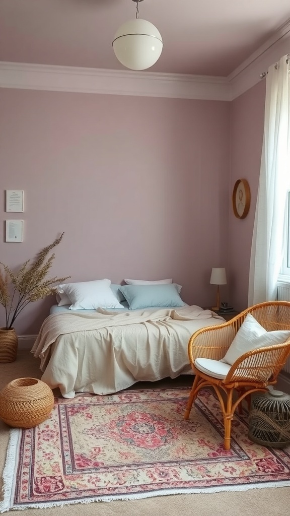 A cozy mauve bedroom featuring a rattan chair, patterned rug, and soft bedding.