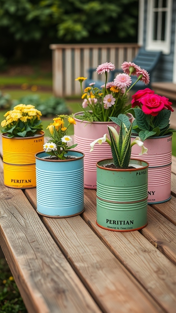 Colorful vintage tin can planters with flowers on a wooden table