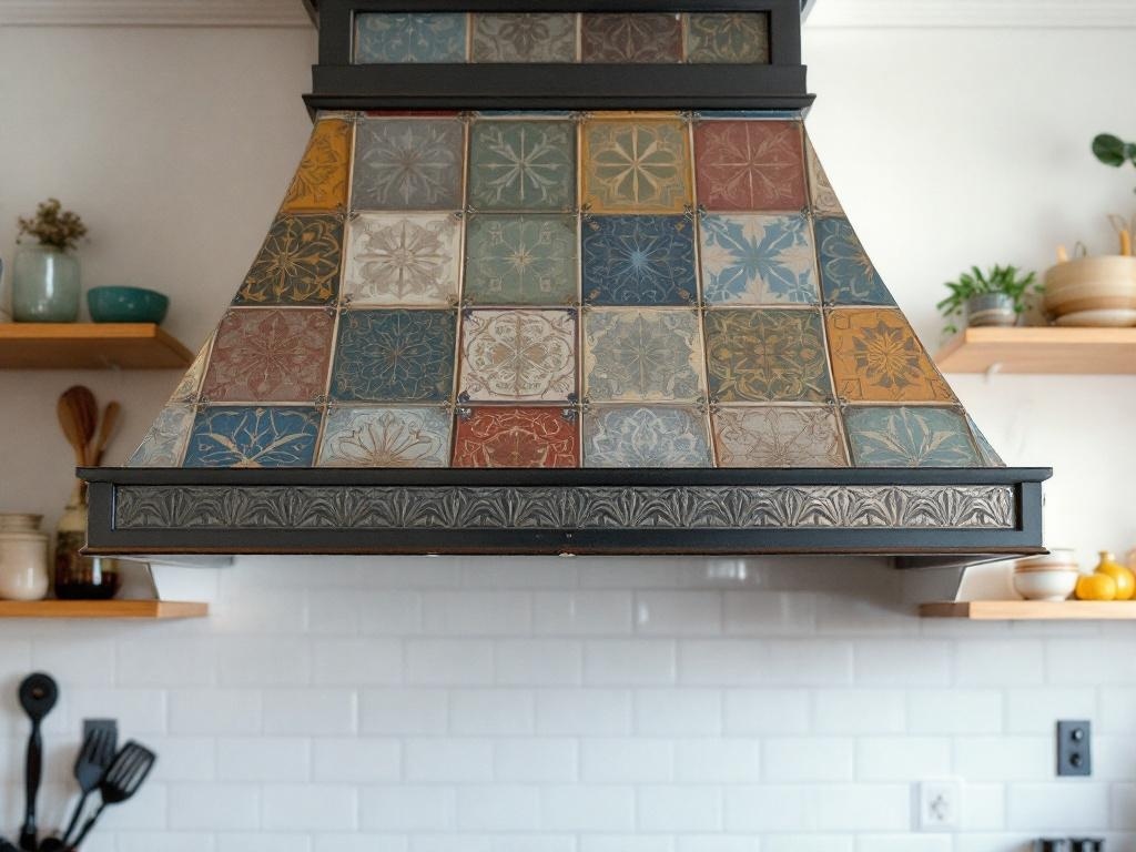 A vent hood covered with colorful vintage tin ceiling tiles.