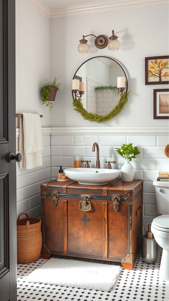 A vintage trunk used as storage in a stylish bathroom with a round mirror and plants.
