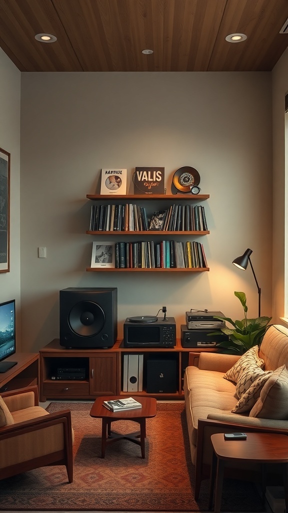 A cozy vinyl and media room featuring a wooden ceiling, plush sofa, and shelves filled with vinyl records.