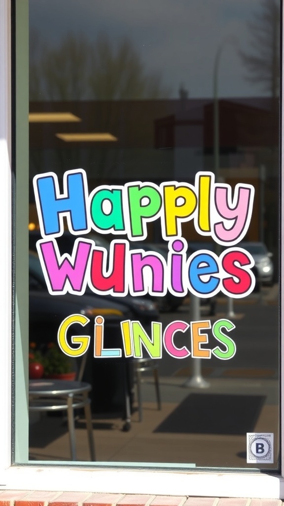 Colorful vinyl cling on a window with the text 'Happy Wunies'