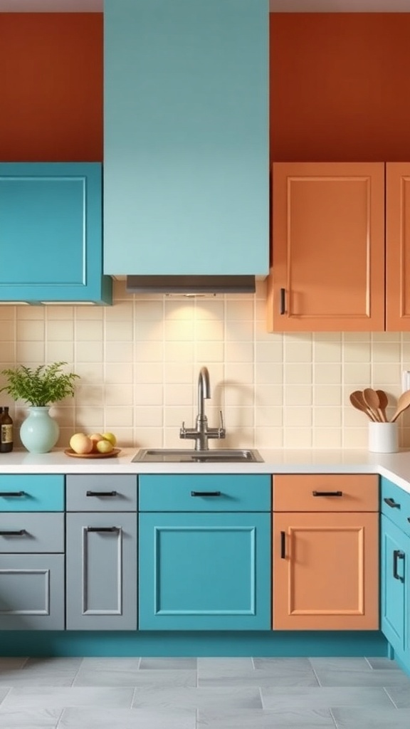 A colorful kitchen featuring two-tone cabinets in turquoise, orange, and gray.