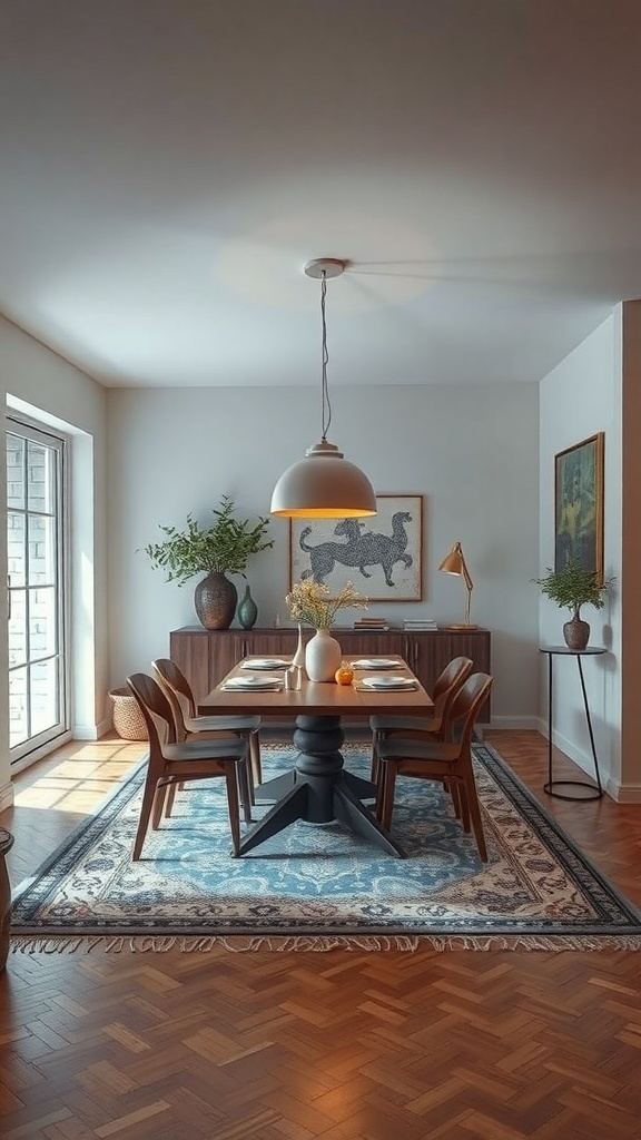 A stylish dining room featuring a round table, elegant chairs, and a decorative rug, enhanced by warm lighting.