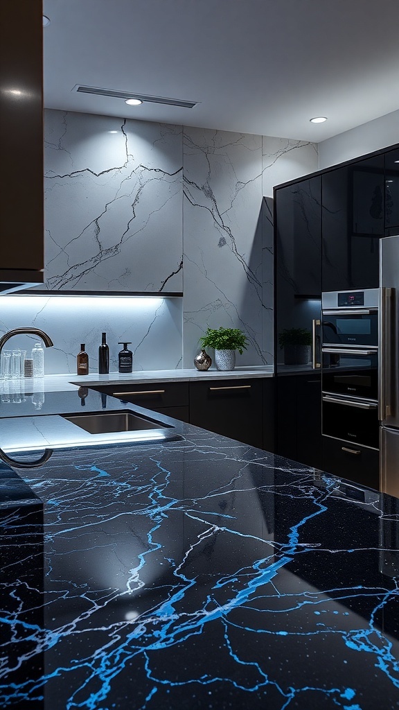A kitchen featuring Volga Blue Granite countertops with electric blue highlights against a dark cabinetry backdrop.