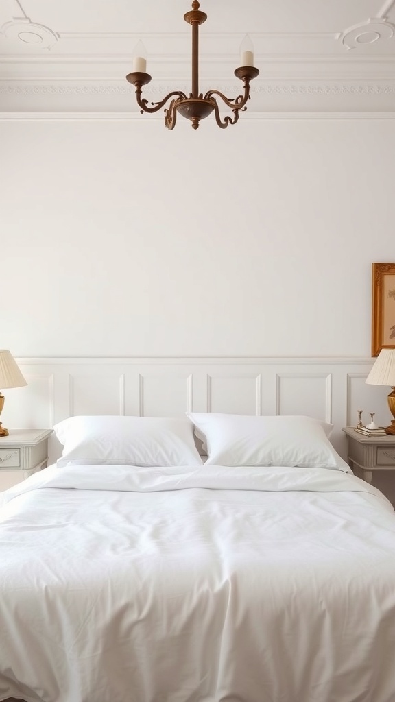 A serene bedroom featuring wainscoting behind the bed, with soft white bedding and elegant lighting.