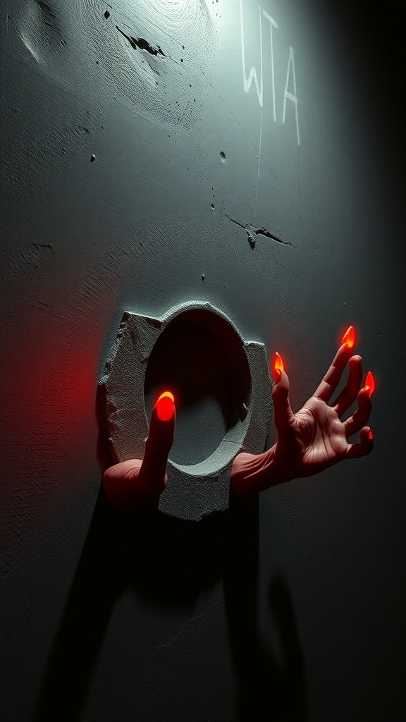 Wall-mounted devil hands with glowing red tips emerging from a wall