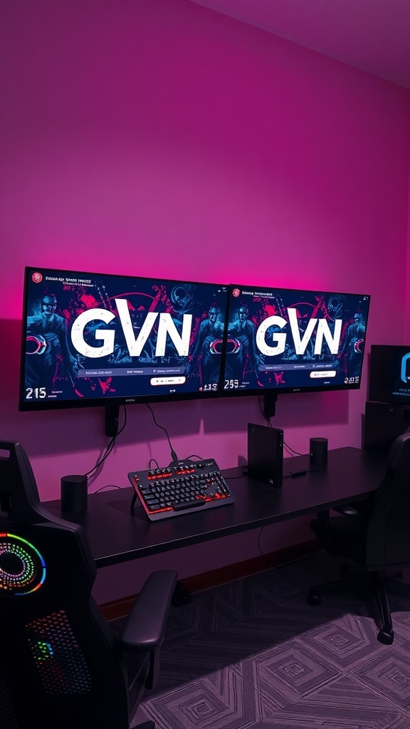 A modern gaming setup featuring dual monitors mounted on a pink wall, with a sleek black desk and RGB lighting.