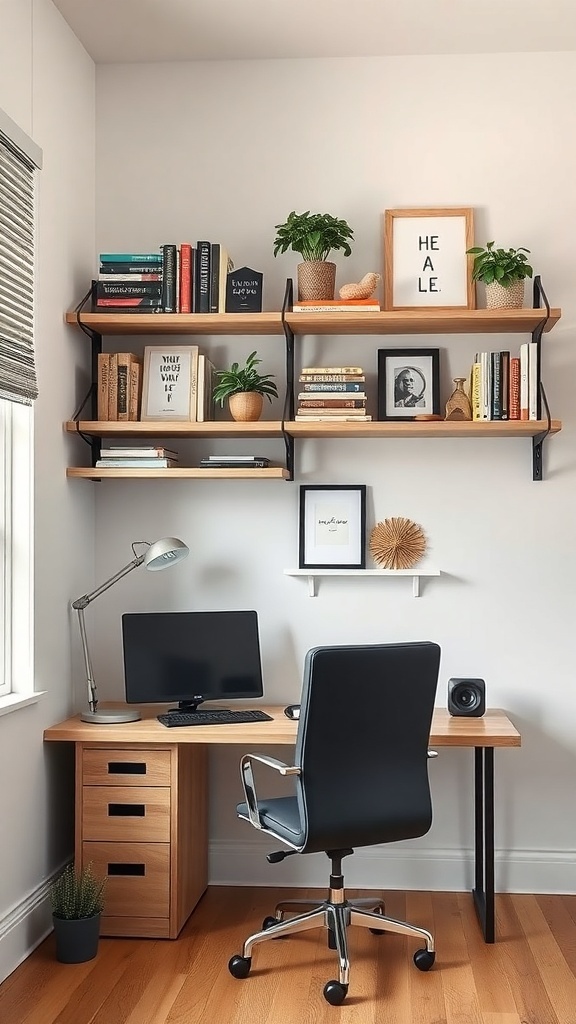 A modern home office setup featuring wall-mounted shelves with books and plants, a desk with a computer, and a stylish chair.
