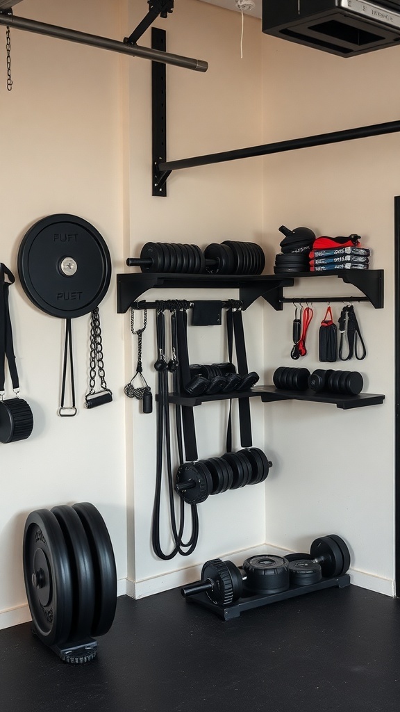 A wall-mounted storage solution in a home gym featuring weights and exercise equipment organized on shelves.