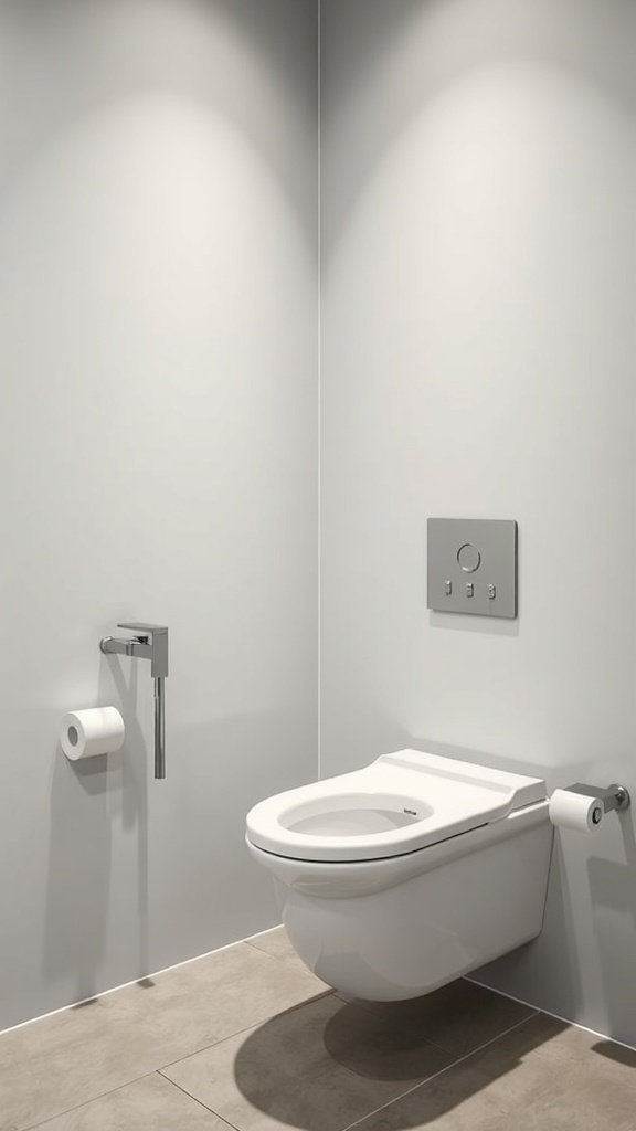 A modern wall-mounted toilet and faucet in a small bathroom setting.