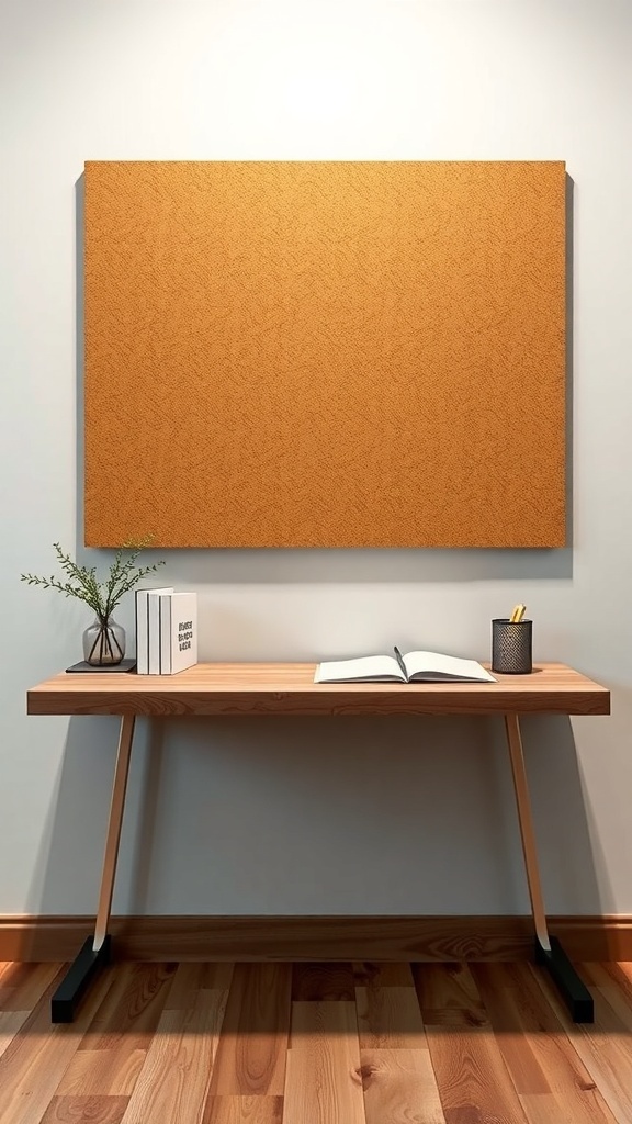 A wall-mounted desk with a corkboard above it, featuring a small plant, books, and a pen holder.