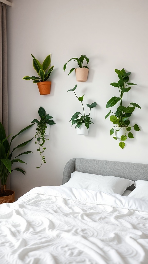 Stylish wall planters with various green plants in a modern bedroom
