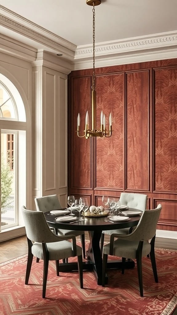 Elegant dining room with rich wood paneling, round table, and chandelier.