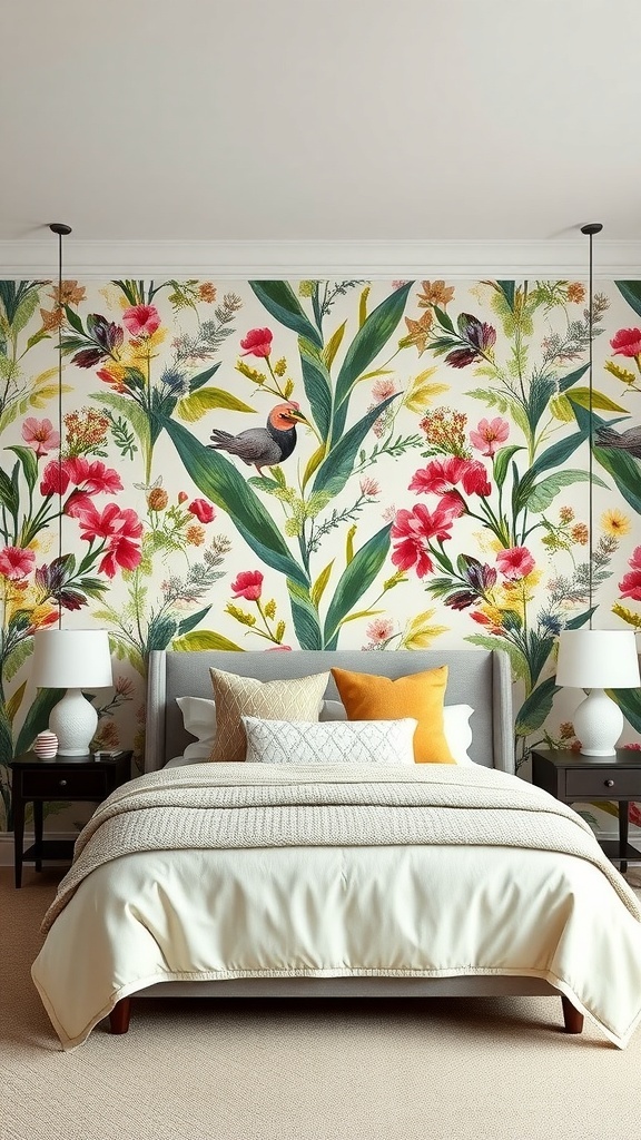 A vibrant wallpaper feature wall with floral patterns in a bedroom setting.