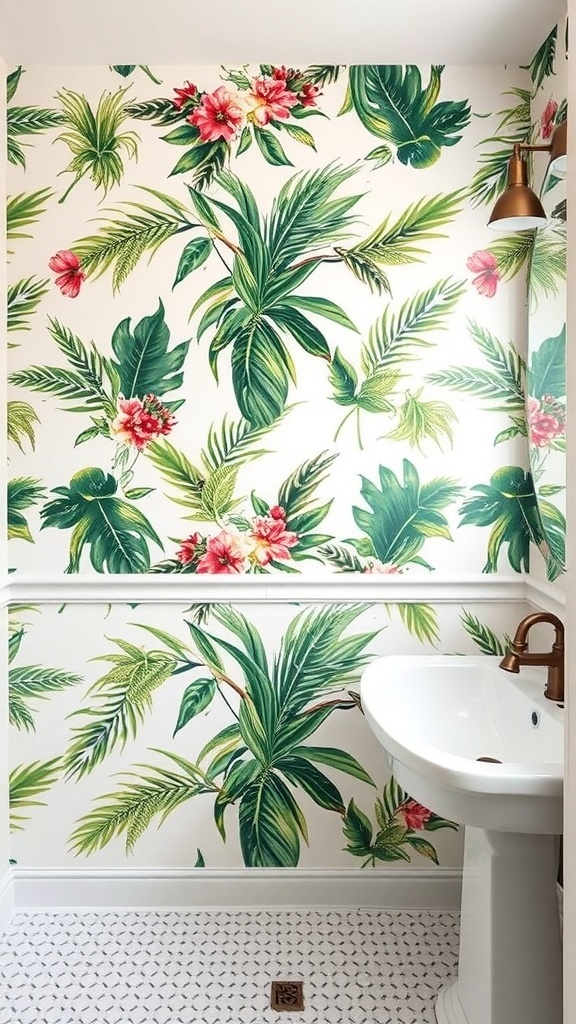 Bathroom with tropical wallpaper featuring green leaves and pink flowers