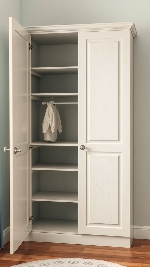 A white corner wardrobe with adjustable shelves and a hanging rod.