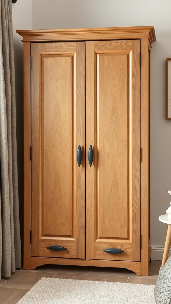 Wooden corner wardrobe with decorative handles in a kids' room