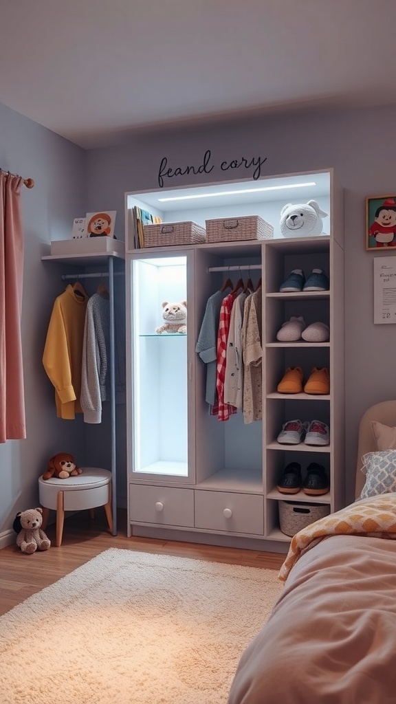 A corner wardrobe with integrated lighting, featuring open shelves and hanging space for clothes in a kids' room.