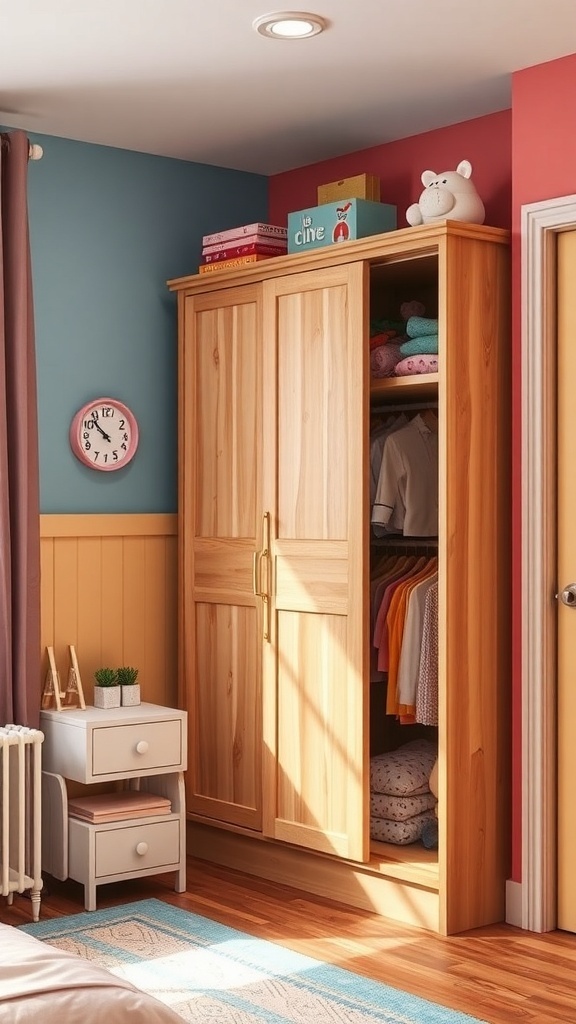 A wooden corner wardrobe with sliding doors, showcasing a cozy kids' room.