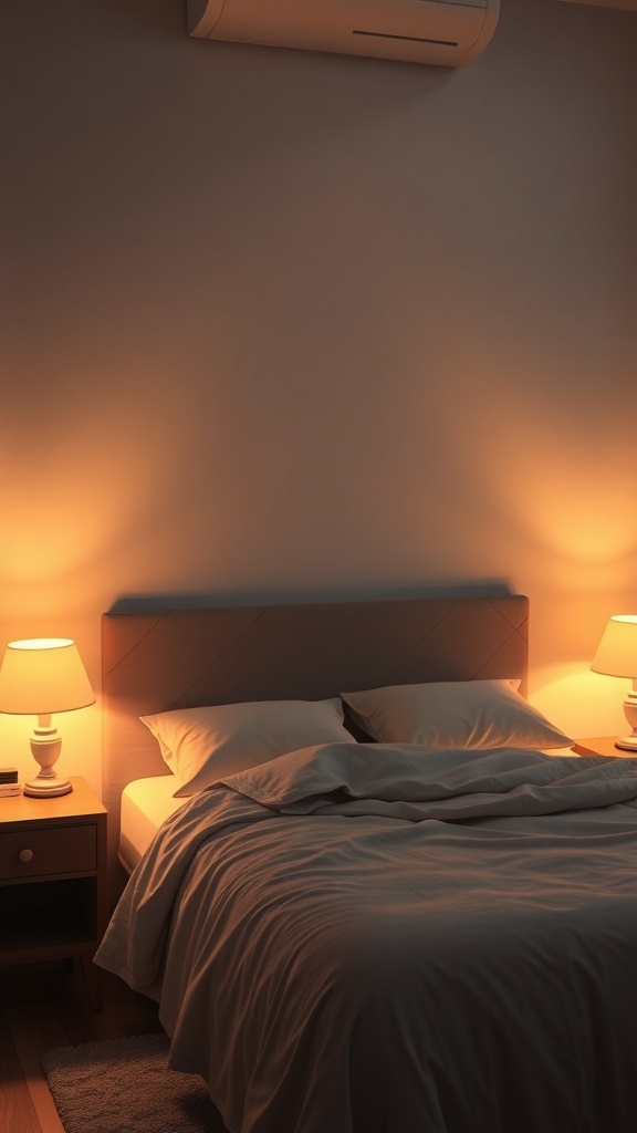 A cozy bedroom with warm accent lighting from bedside lamps