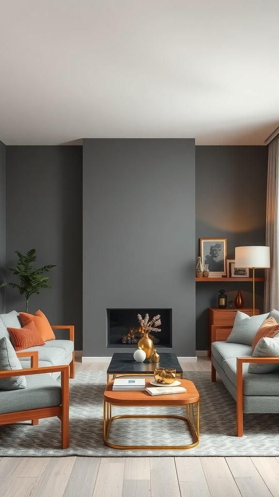 A stylish grey living room with warm accents, featuring light blue sofas, orange cushions, and a wooden coffee table.