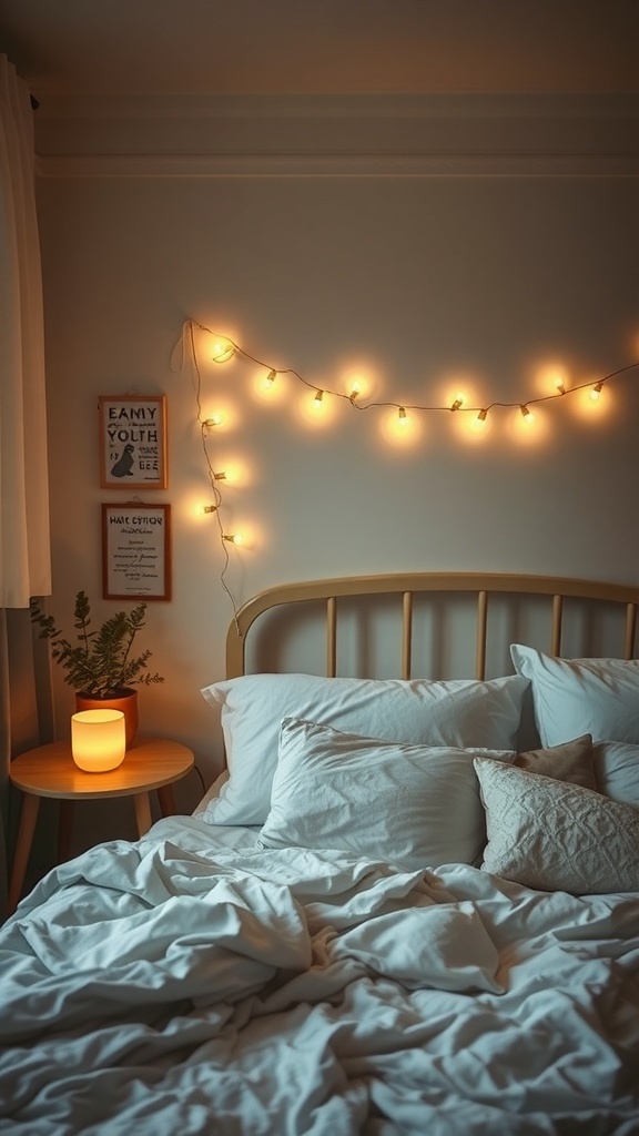 A cozy bedroom with warm ambient lighting, featuring string lights and a soft lamp on a side table.