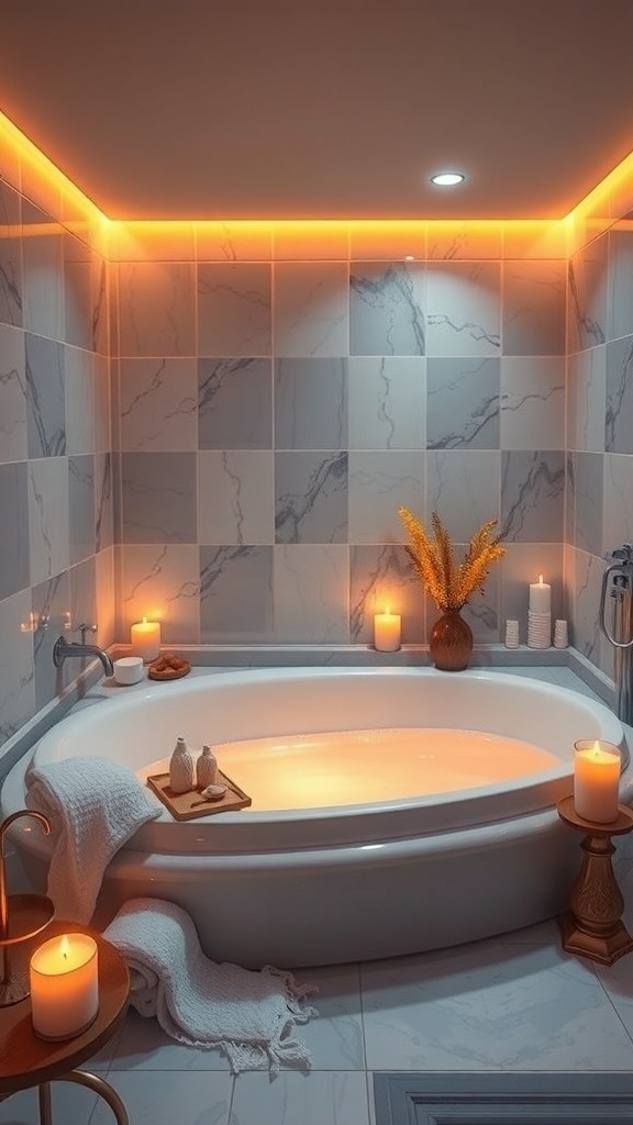 A serene bathroom featuring a warm bath surrounded by soft lighting and candles, creating a relaxing atmosphere.
