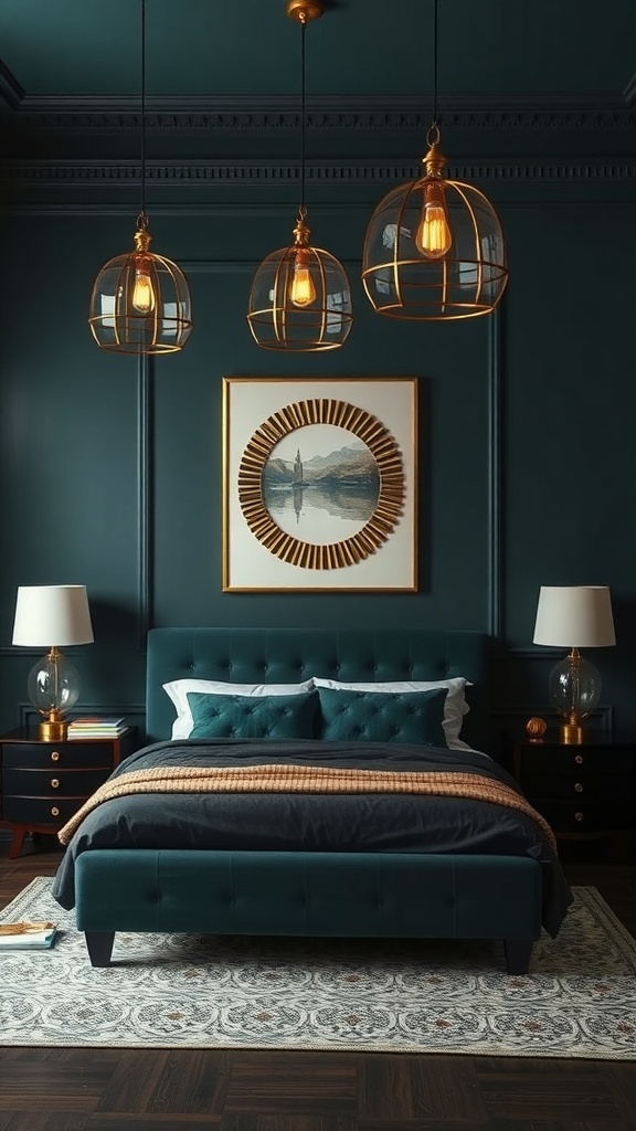 A stylish bedroom featuring deep teal walls, a velvet teal headboard, brass pendant lights, and a sunburst mirror.