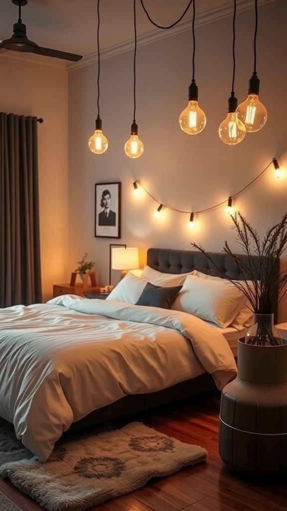 A cozy black and white bedroom with warm hanging bulbs, showcasing stylish decor.