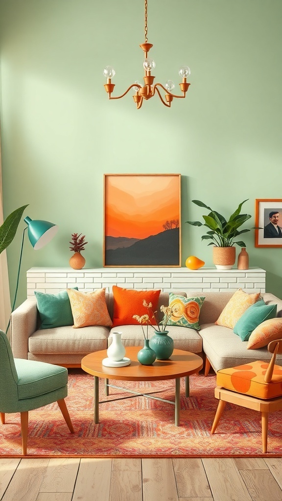 Living room featuring warm burnt orange, green, and playful pastel colors with a cozy sofa, vibrant decor, and a cheerful atmosphere.