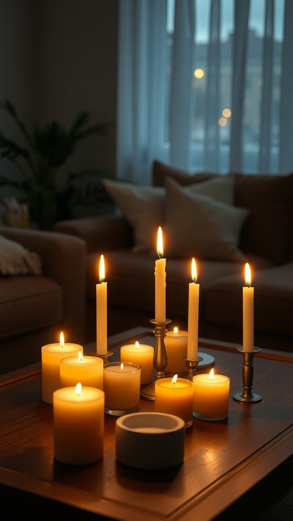 A cozy coffee table decorated with various candles, creating a warm and inviting atmosphere.